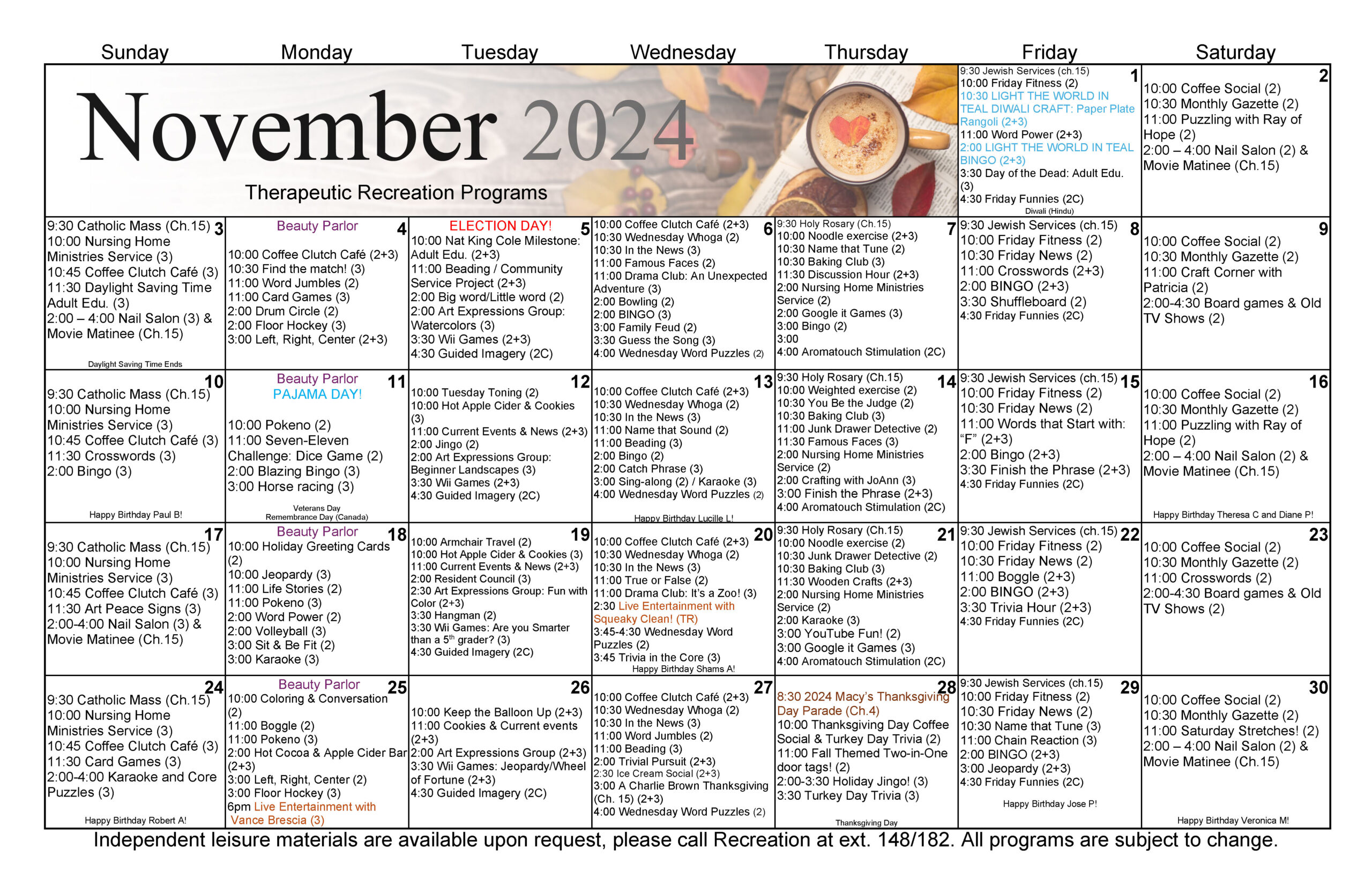 Island Nursing and Rehab November Activities Calendar for Residents