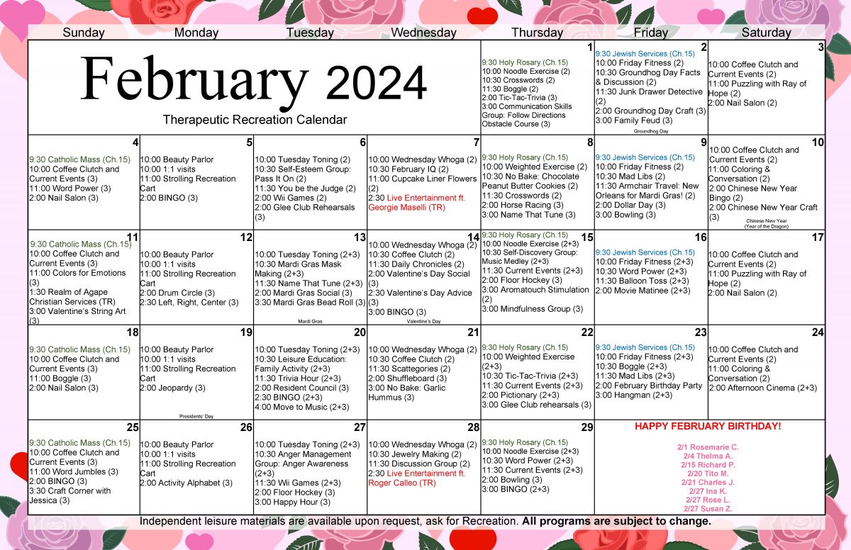 Calendar of Activities - Island Nursing & Rehab Center