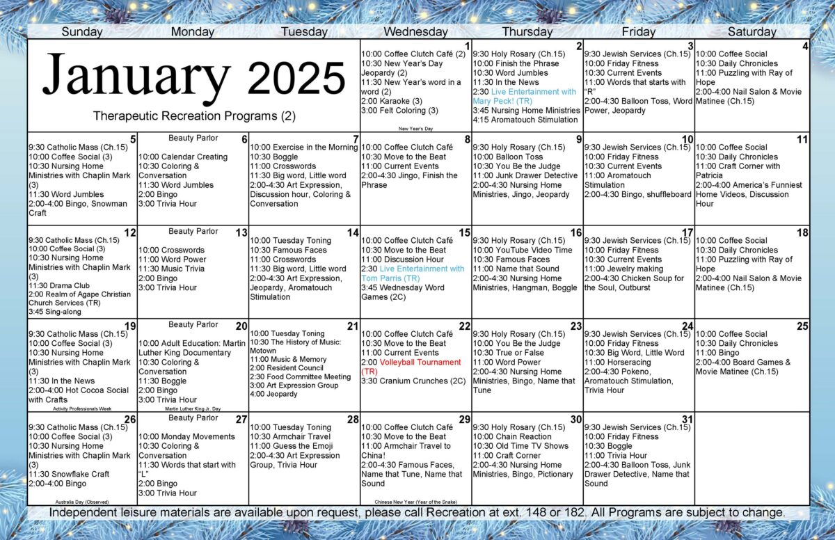 January 2025 Activities Calendar Island Nursing and Rehab, 2nd Floor.