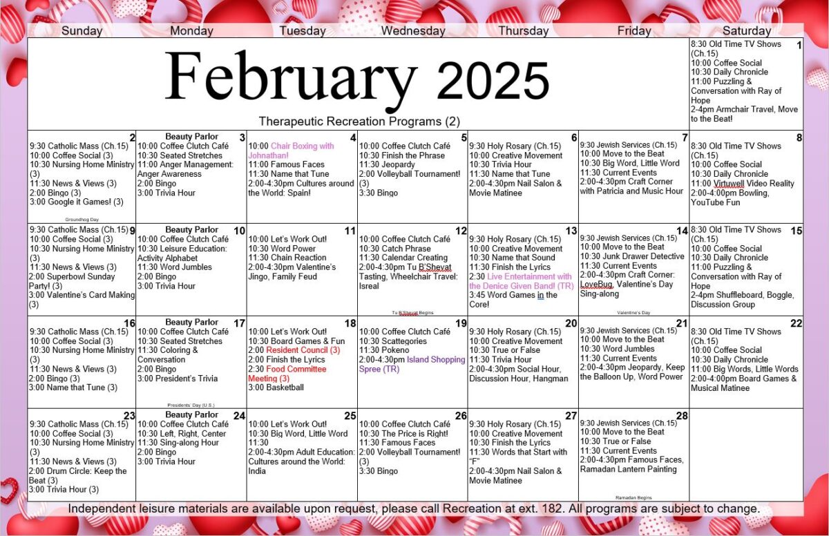 Island Nursing and Rehab February 25 Activities Calendar -- 2nd floor residents