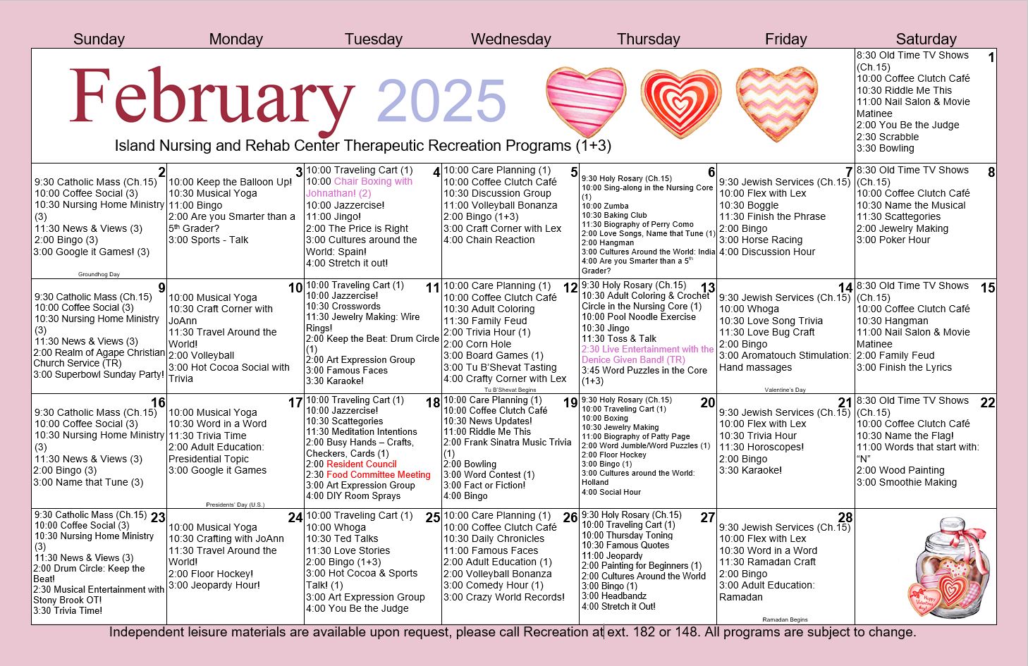 Island Nursing and Rehab February 2025 Activities Calendar