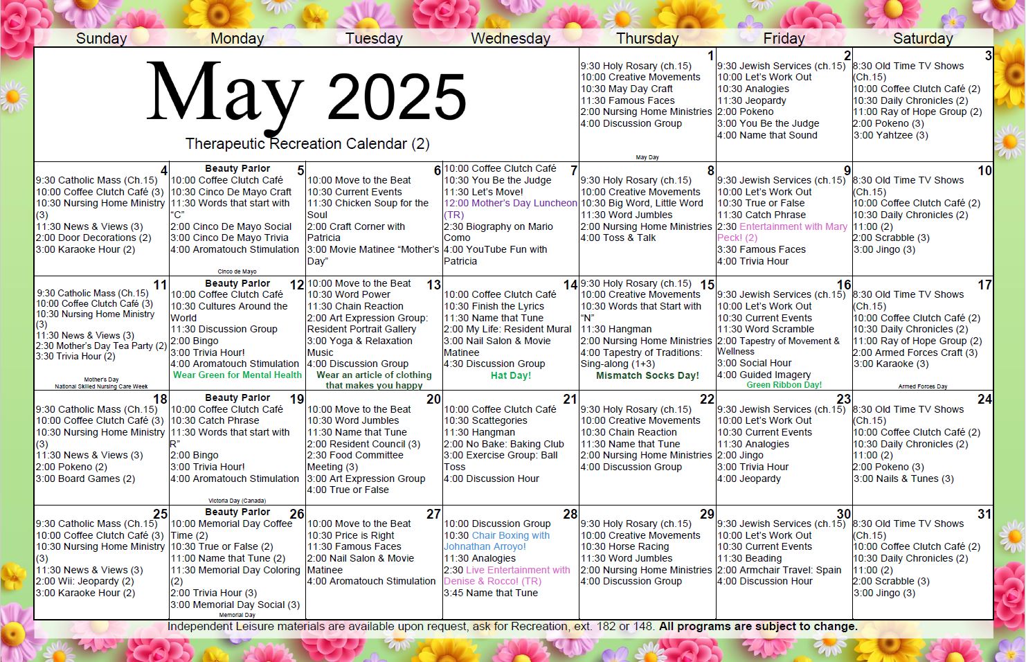 Island Nursing May Activities Calendar 2nd floor