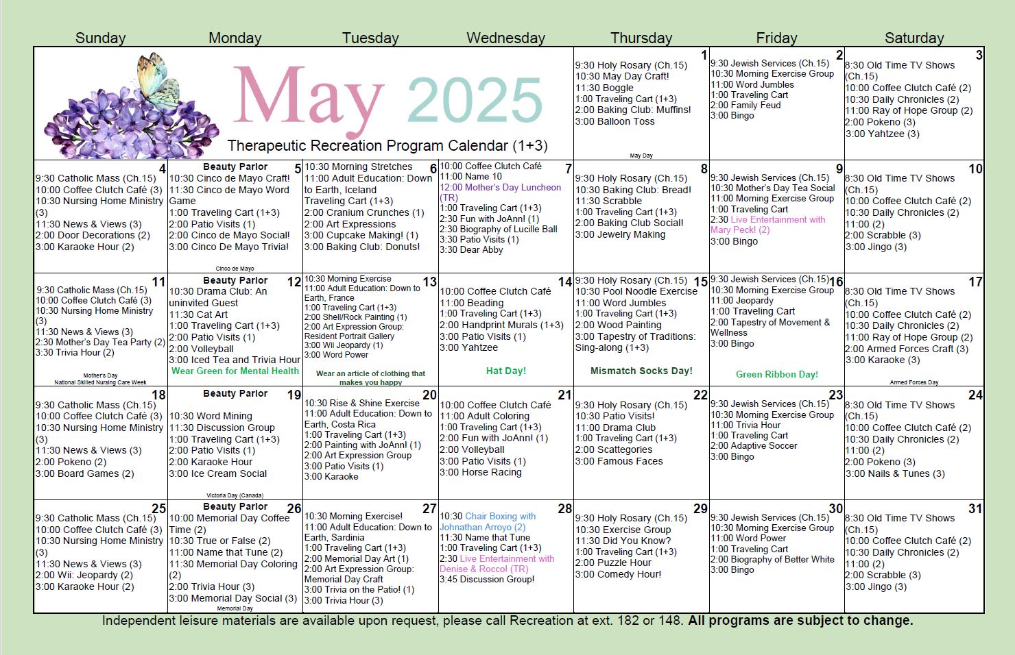 Island Nursing May Activities Calendar 2025 Room 1 and 3