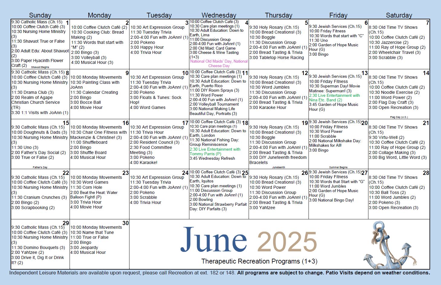 June activities calendar for Island Nursing and Rehab Center Rooms 1 and 3