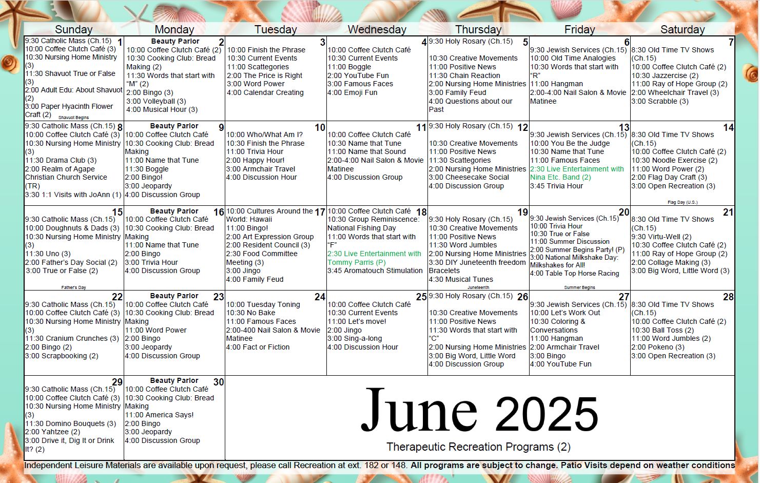 June calendar of activities Island Nursing and Rehab Center residents