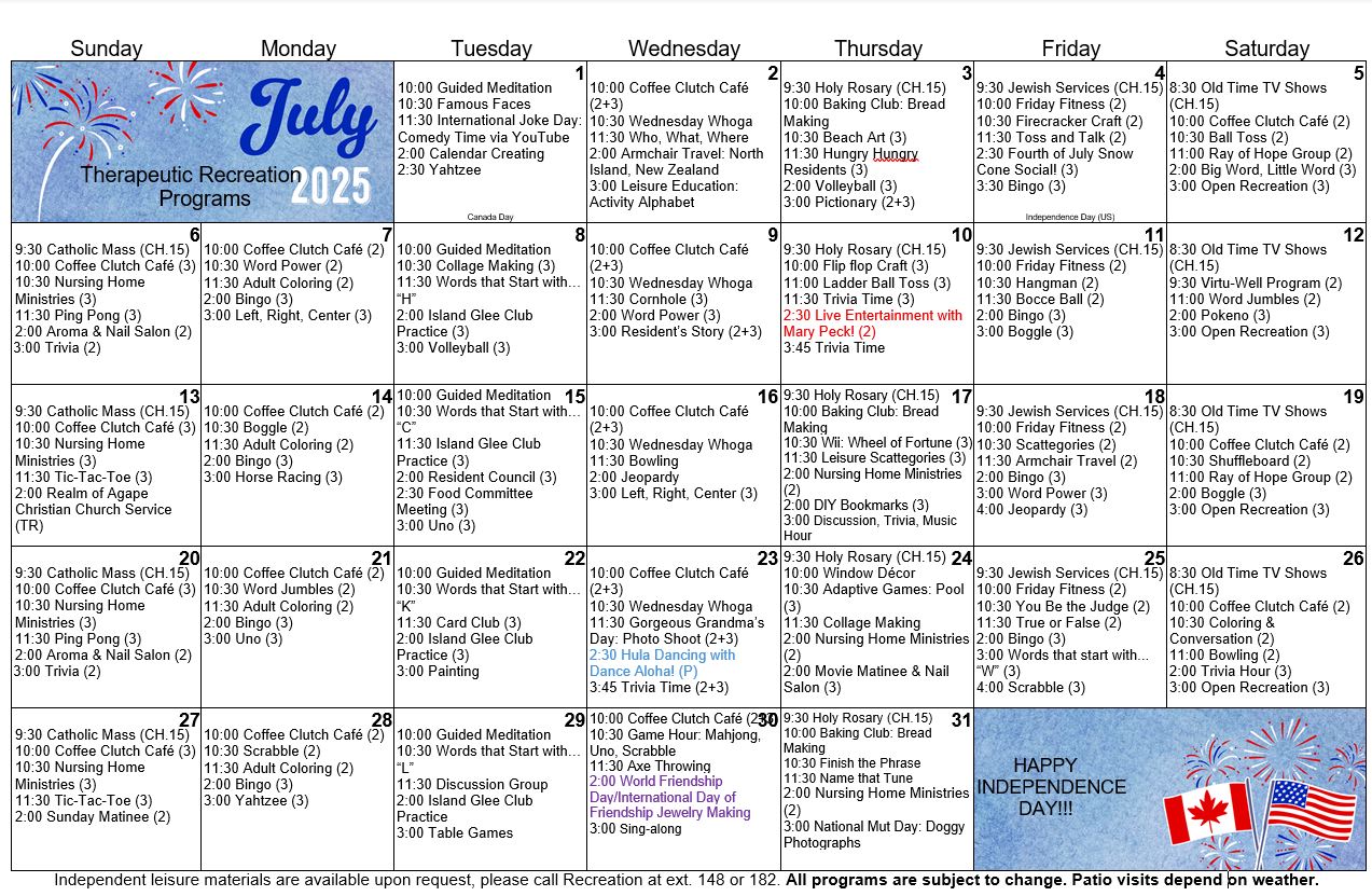 July 2025 Activities Island Nursing and Rehab Center