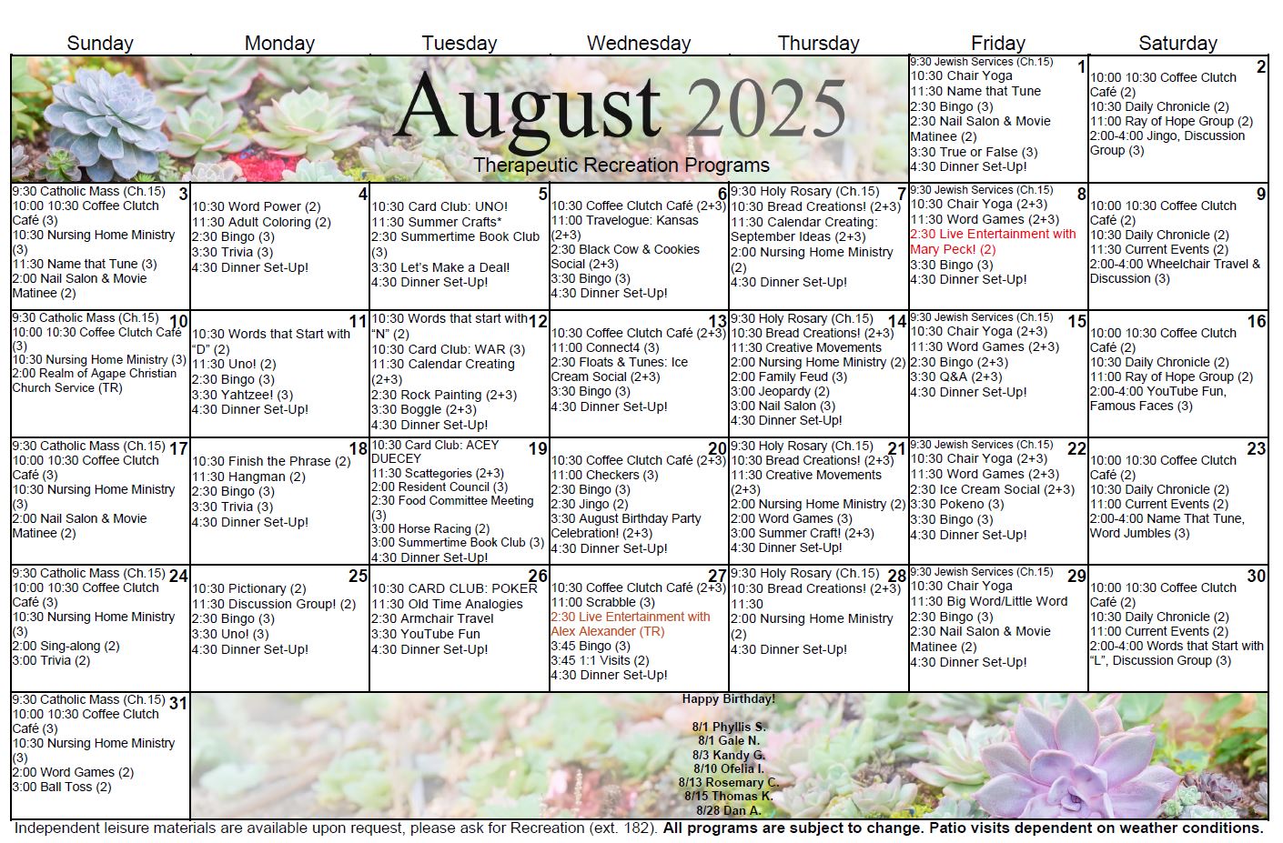 Island Nursing and Rehab Center August activities calendar